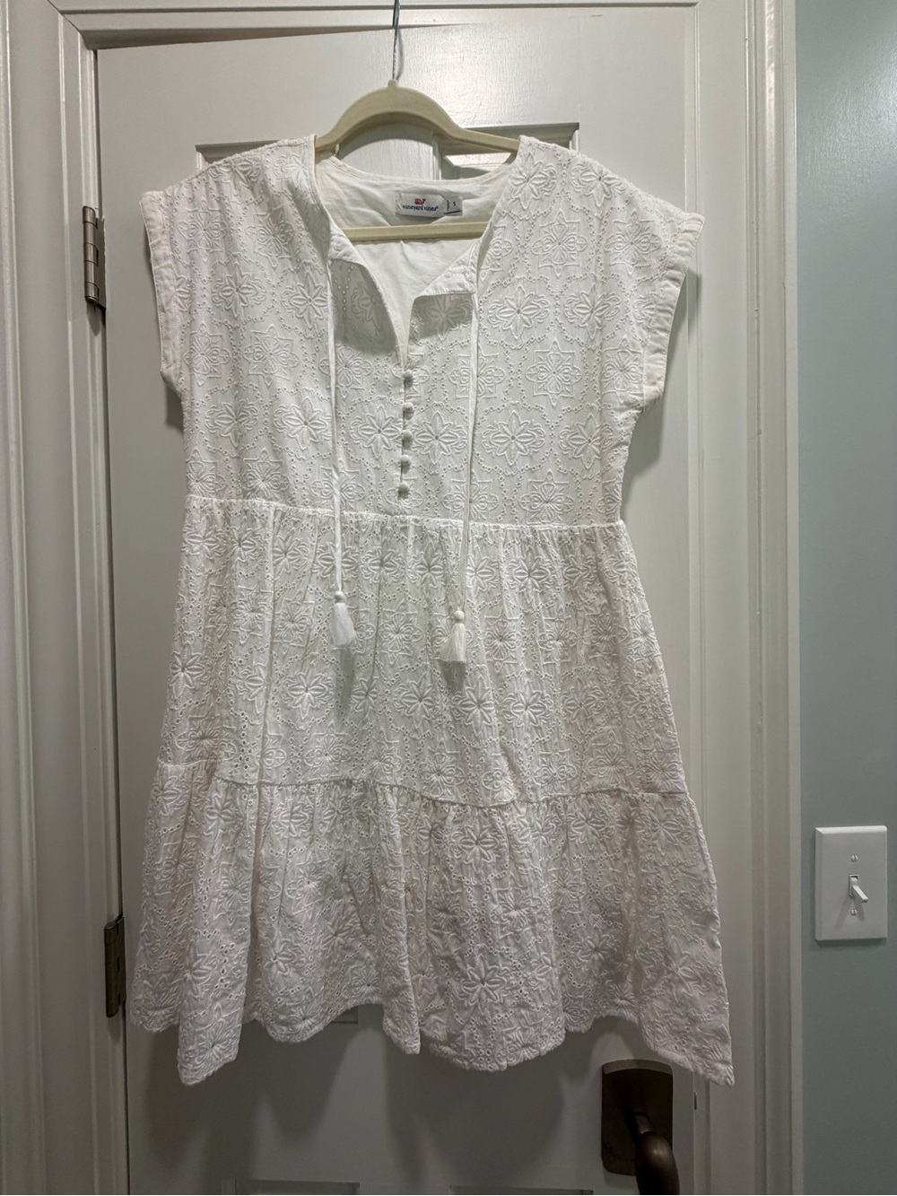 Vineyard Vines White Eyelet Tiered Dress with Tassel Tie
